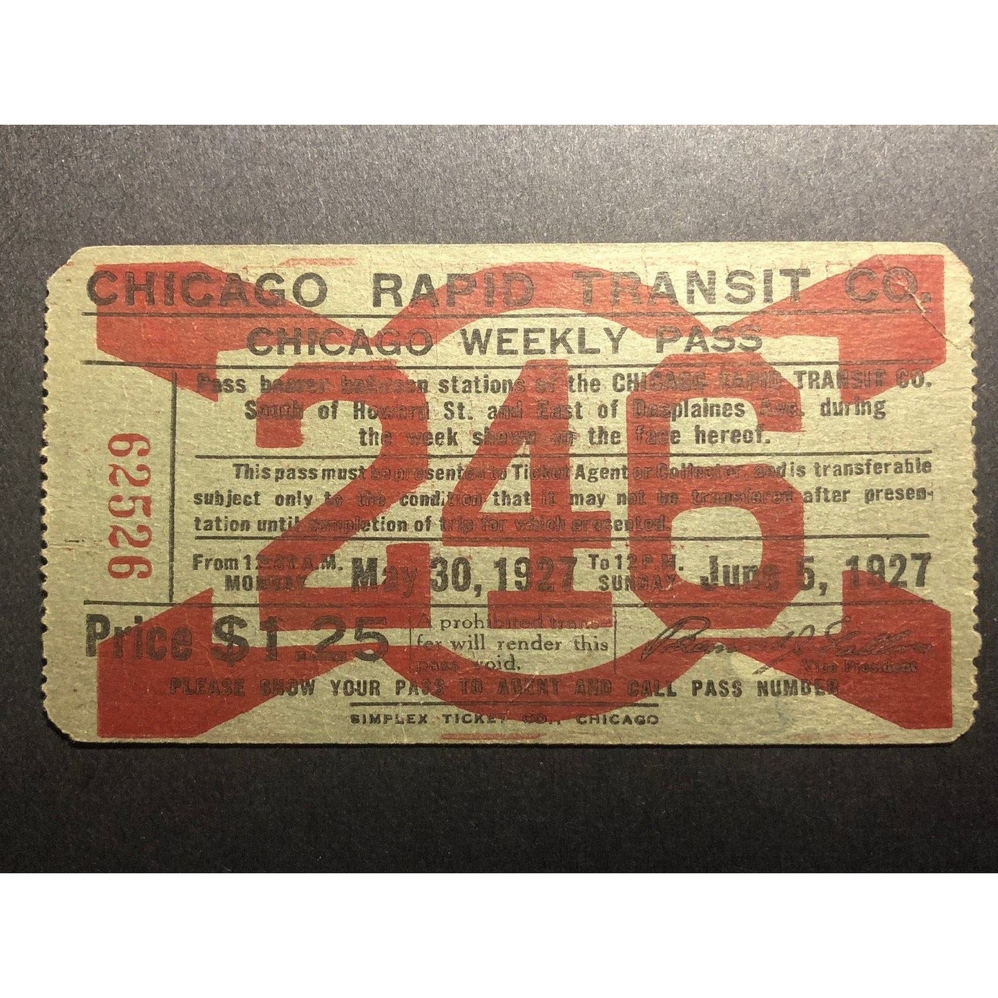 1927 Chicago Rapid Transit Authority Weekly Pass May / June "246" VGC