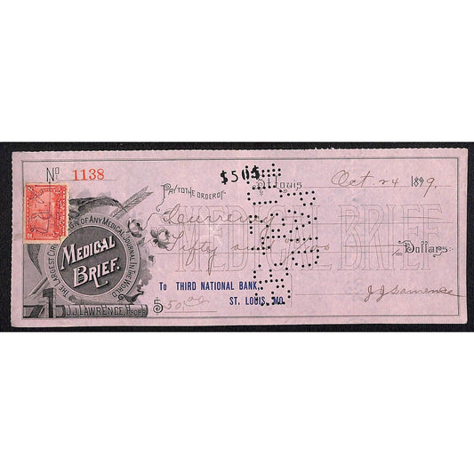 Medical Brief Journal / Third National Bank 1899 Check w/ Rev. Stamps + Vignette