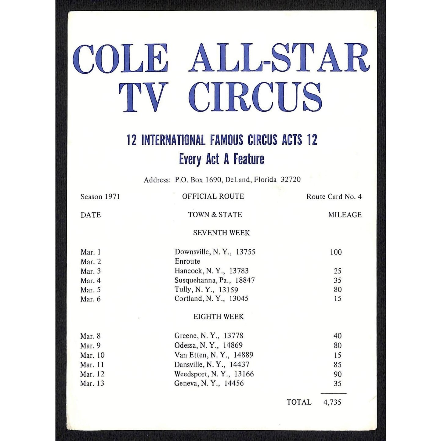 Cole All-Star TV Circus 1971 Route Card Several NY Stops Posted & w/ Zip Codes