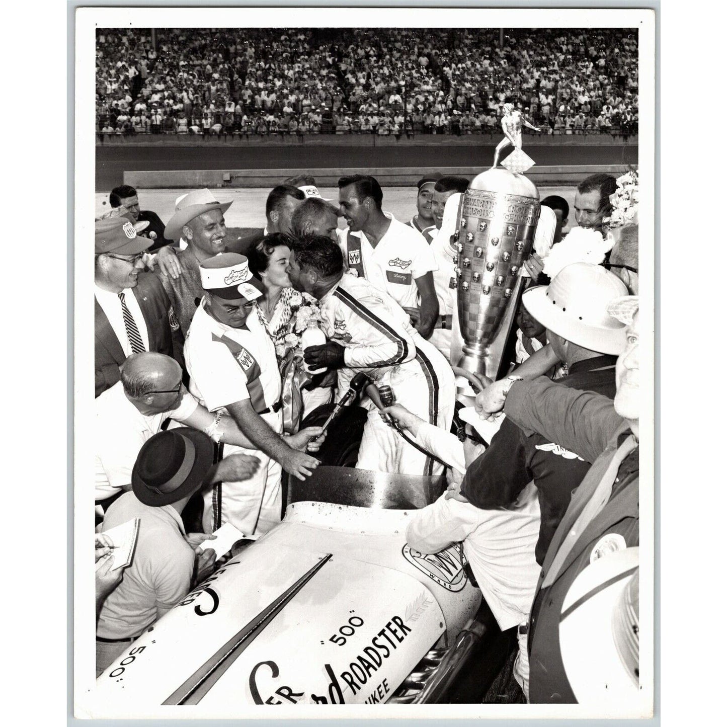 Indy 500 1962 Rodger Ward w/ Milk, Kiss & Trophy 8x10 B&W Original Photo - Stamp