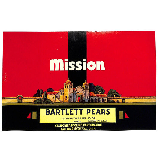 1940 Paper Fruit Can Label Mission Brand Bartlett Pears 6Lbs. - VGC Scarce