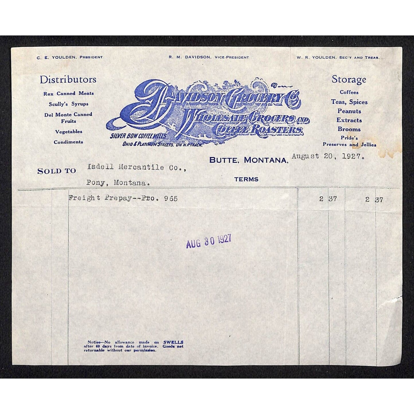 Butte, MT Davidson Grocery Coffee Roasters 1927 Billhead Isdell Mercantile Pony