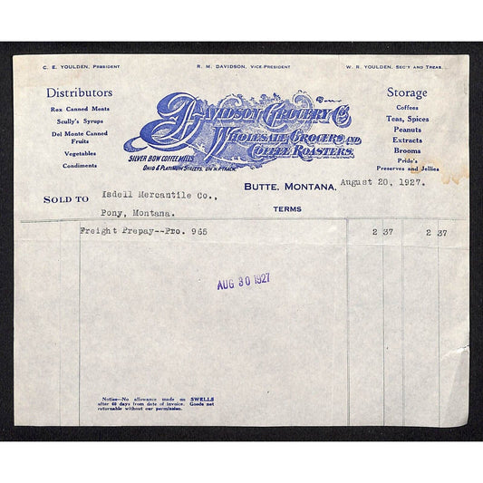 Butte, MT Davidson Grocery Coffee Roasters 1927 Billhead Isdell Mercantile Pony