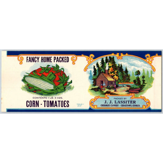 J.J. Lassiter Corn Tomatoes Paper Can Label Cherokee Cedartown, GA c1926 Scarce