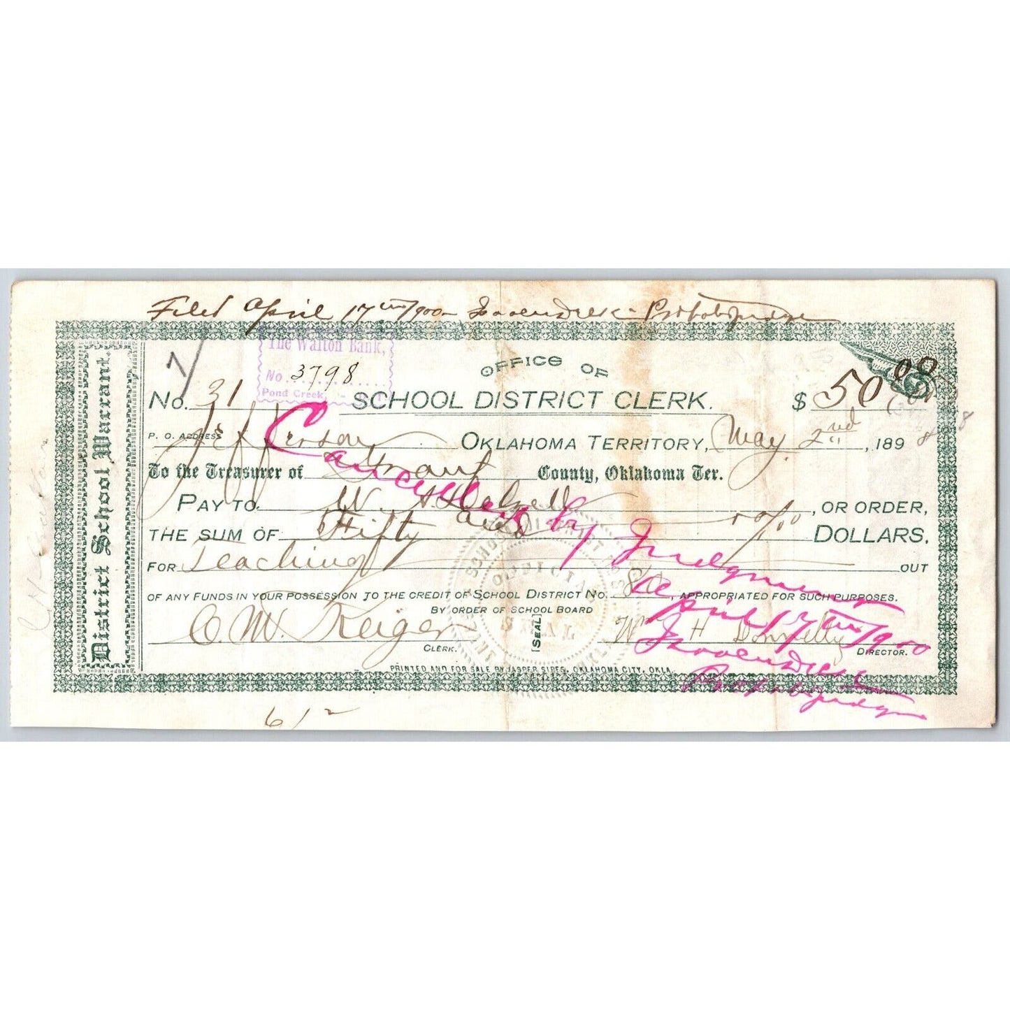 Grant County Oklahoma Territorial 1898 District School Warrant - Scarce