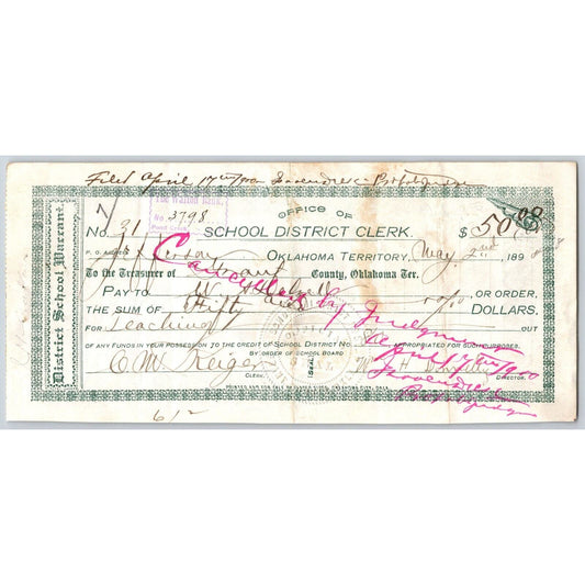 Grant County Oklahoma Territorial 1898 District School Warrant - Scarce