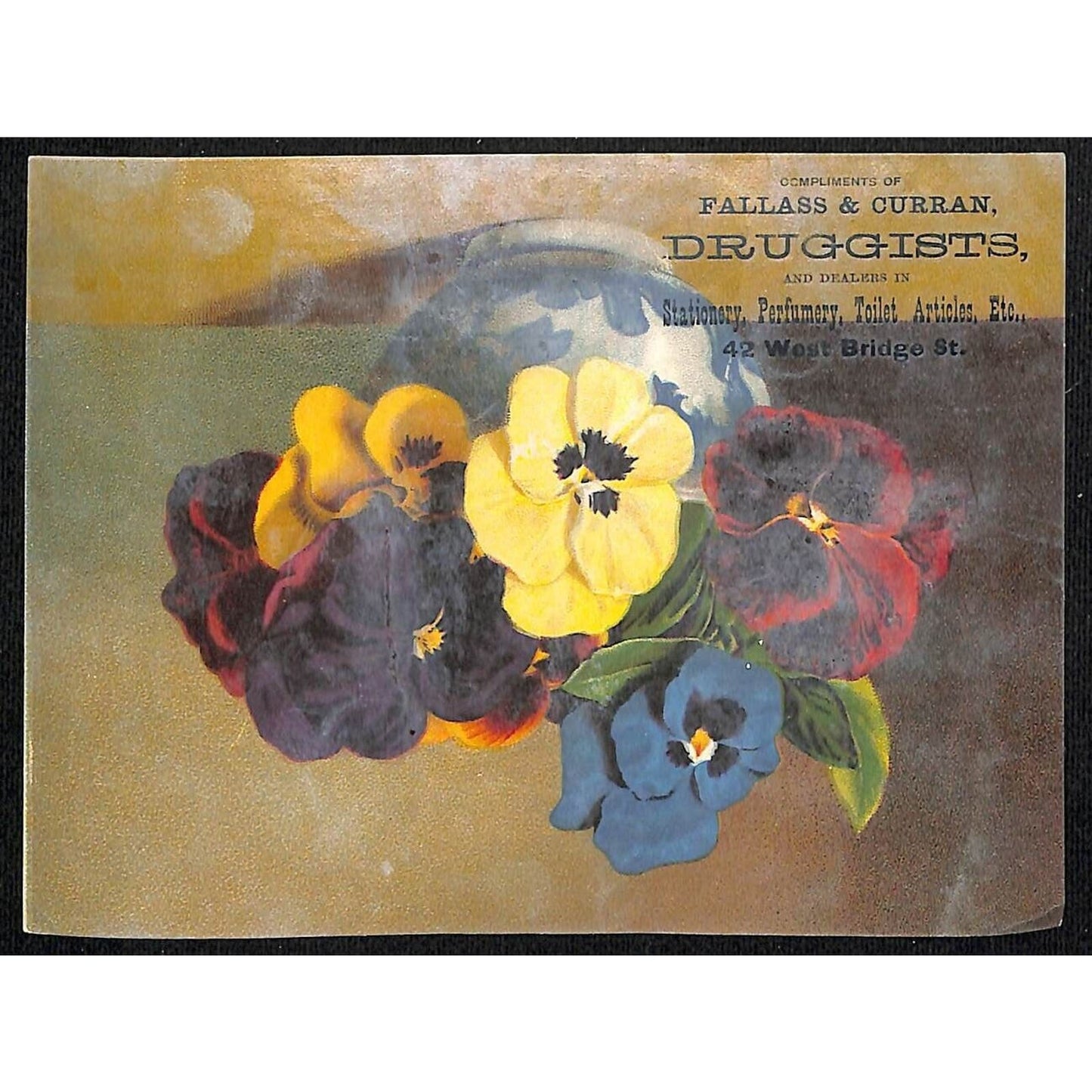 Fallass and Curran Druggists Victorian Trade Card - Vase of Pansies Flowers