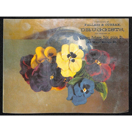 Fallass and Curran Druggists Victorian Trade Card - Vase of Pansies Flowers