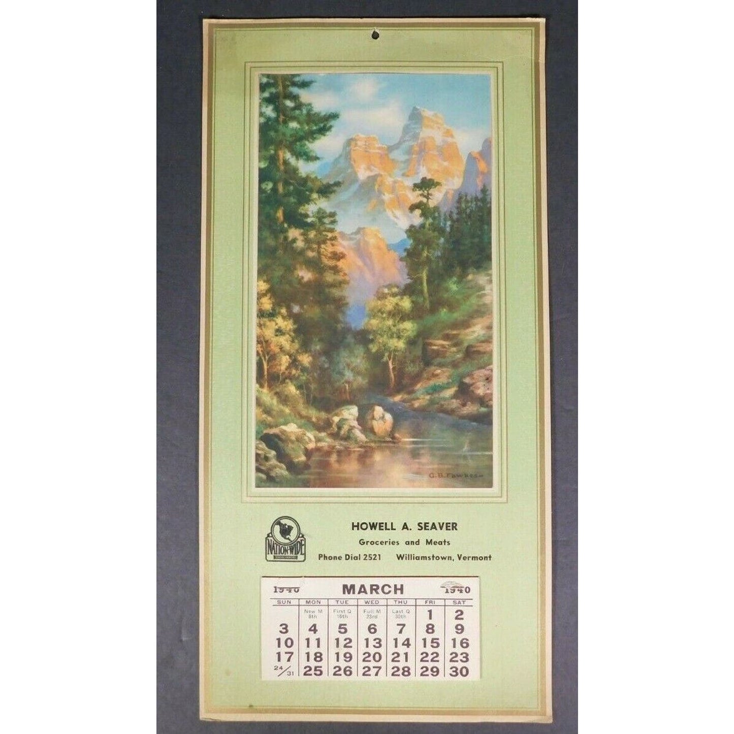 Howell A. Seaver "Groceries And Meats" 1940 Calendar Williamstown Vermont