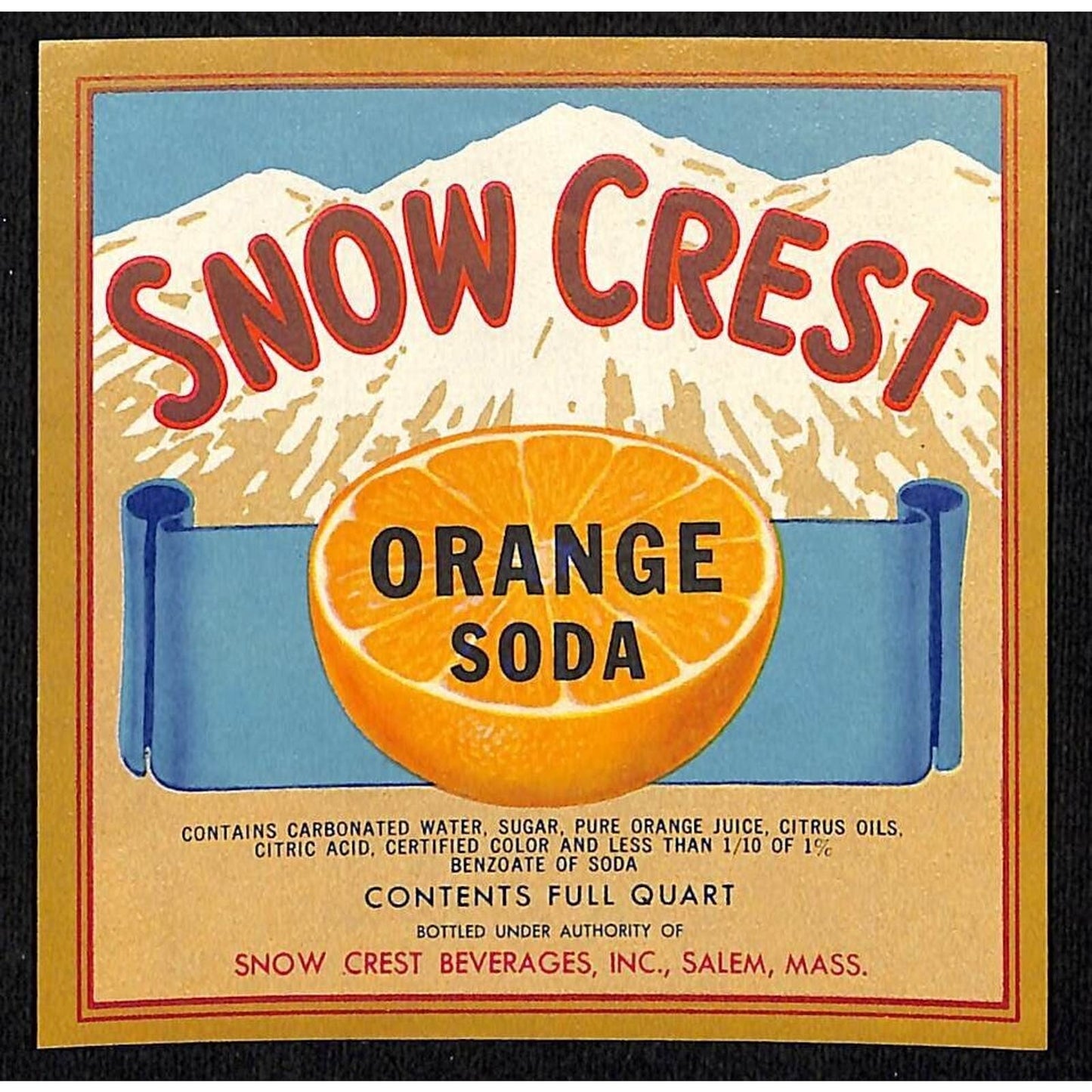 Snow Crest Orange Soda Paper Soda Label Salem, MASS c1950's