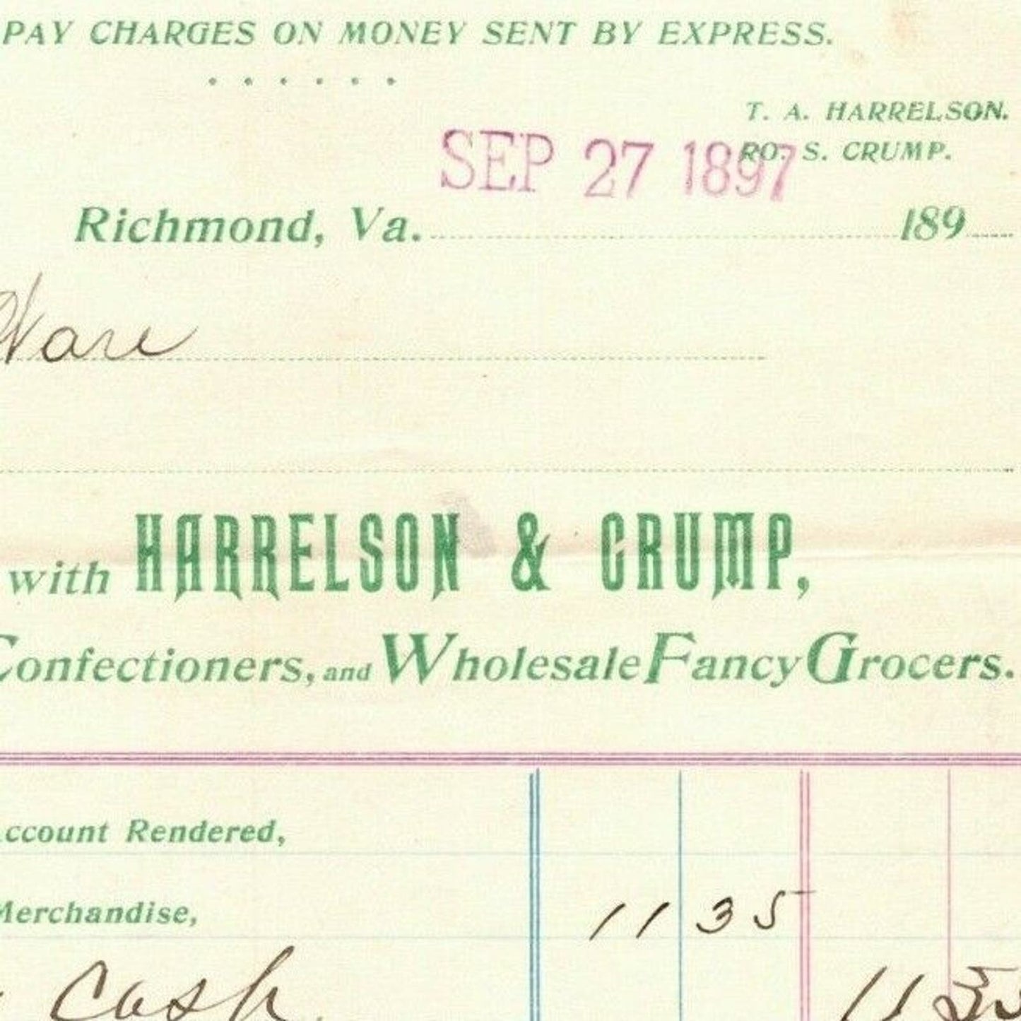 Harrelson & Crump Confectioners Letterhead Richmond, VA to Geo. E. Wear 1897