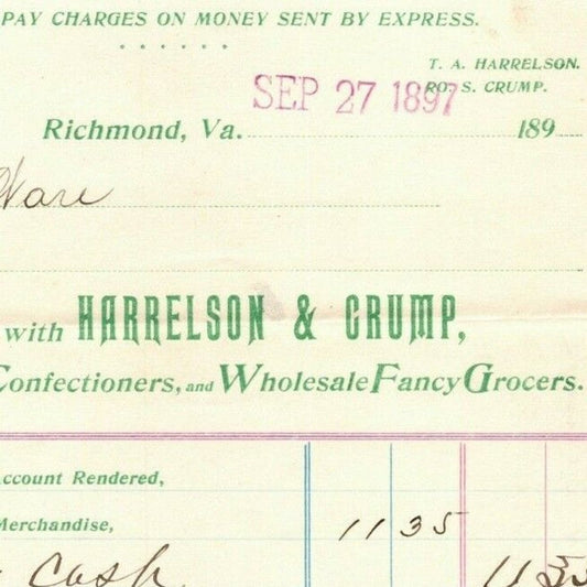 Harrelson & Crump Confectioners Letterhead Richmond, VA to Geo. E. Wear 1897