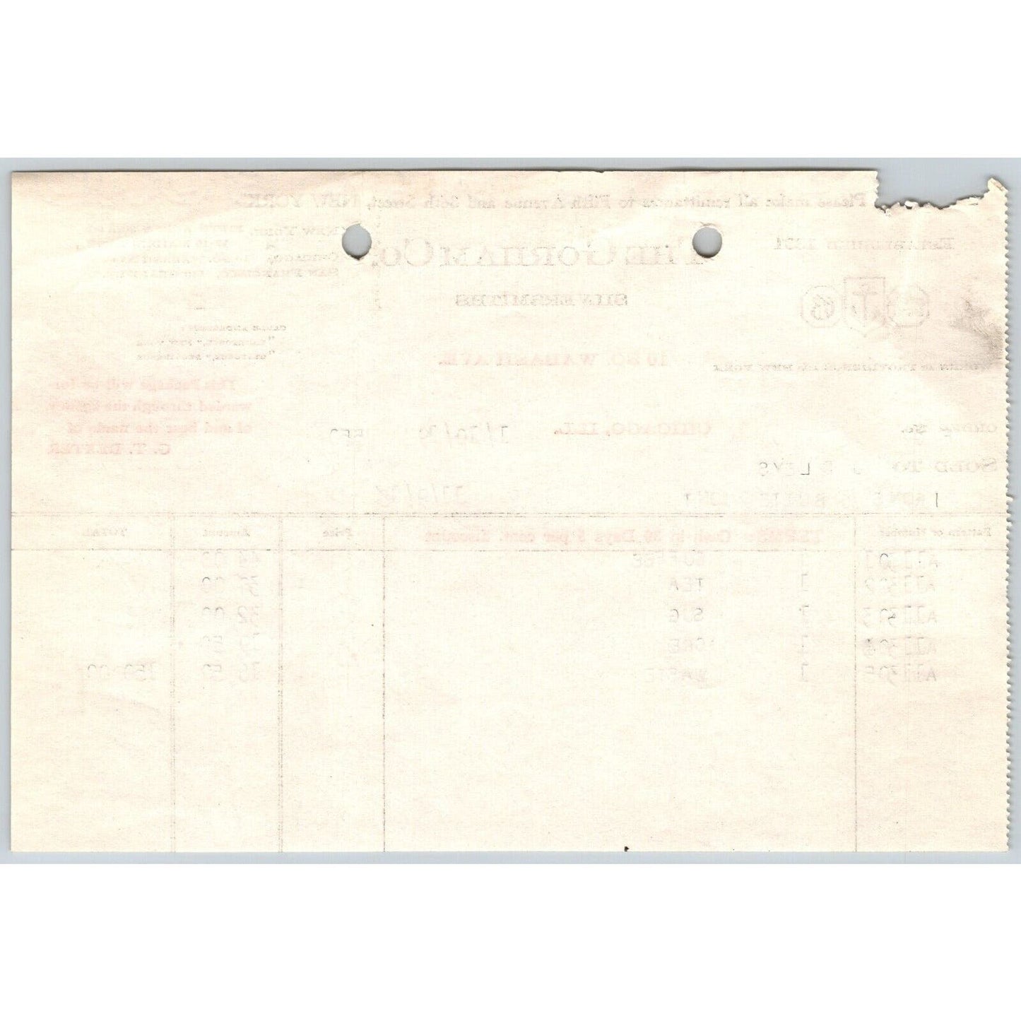 Gorham Silversmiths Chicago "Leys" Jewelers Butte, MT 1919 $150 Billhead