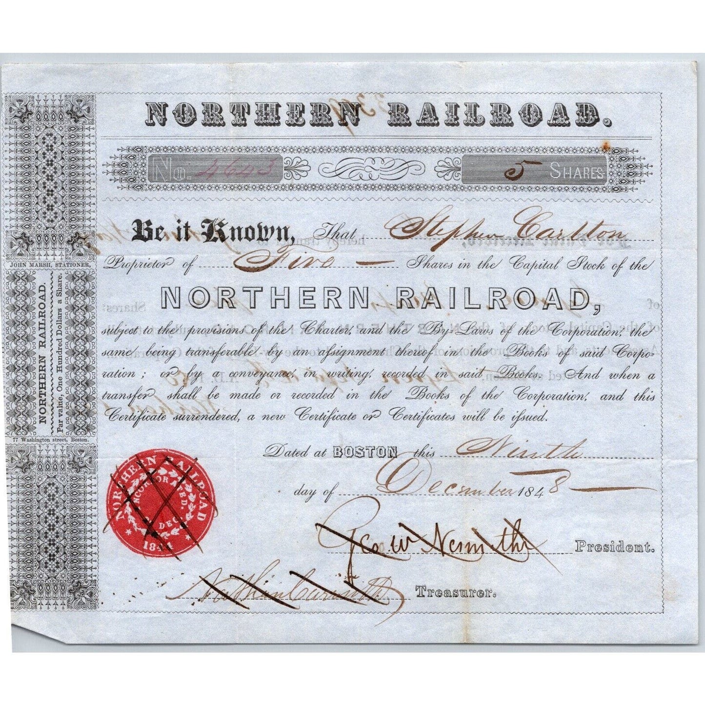1848 Boston, MA Northern Railroad Stock Certificate No. 4643 for 5 Shares
