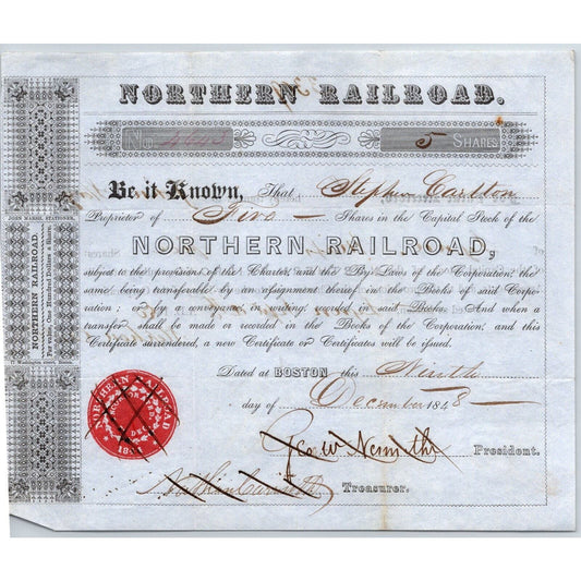 1848 Boston, MA Northern Railroad Stock Certificate No. 4643 for 5 Shares
