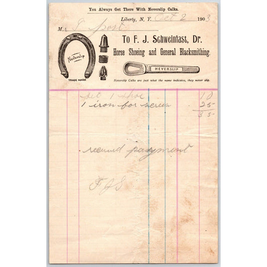 Liberty, NY F.J. Schweinfast Horse Shoeing & Blacksmithing Oct. 1903 Billhead