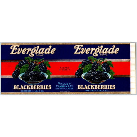 Everglade Blackberries Paper Can Label Carnation, WA c1935 NOS VGC Scarce