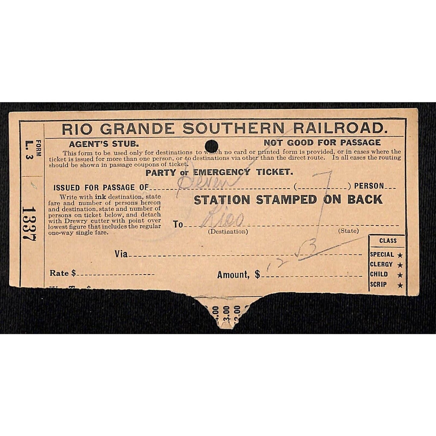 1929 Rio Grande Southern Railroad Party or Emergency Ticket Agent's Stub