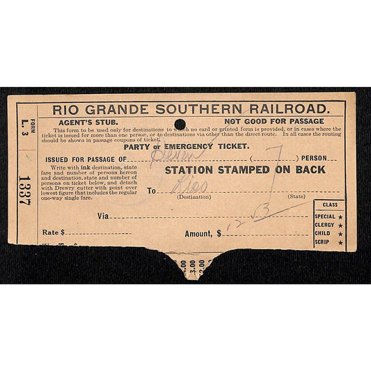 1929 Rio Grande Southern Railroad Party or Emergency Ticket Agent's Stub