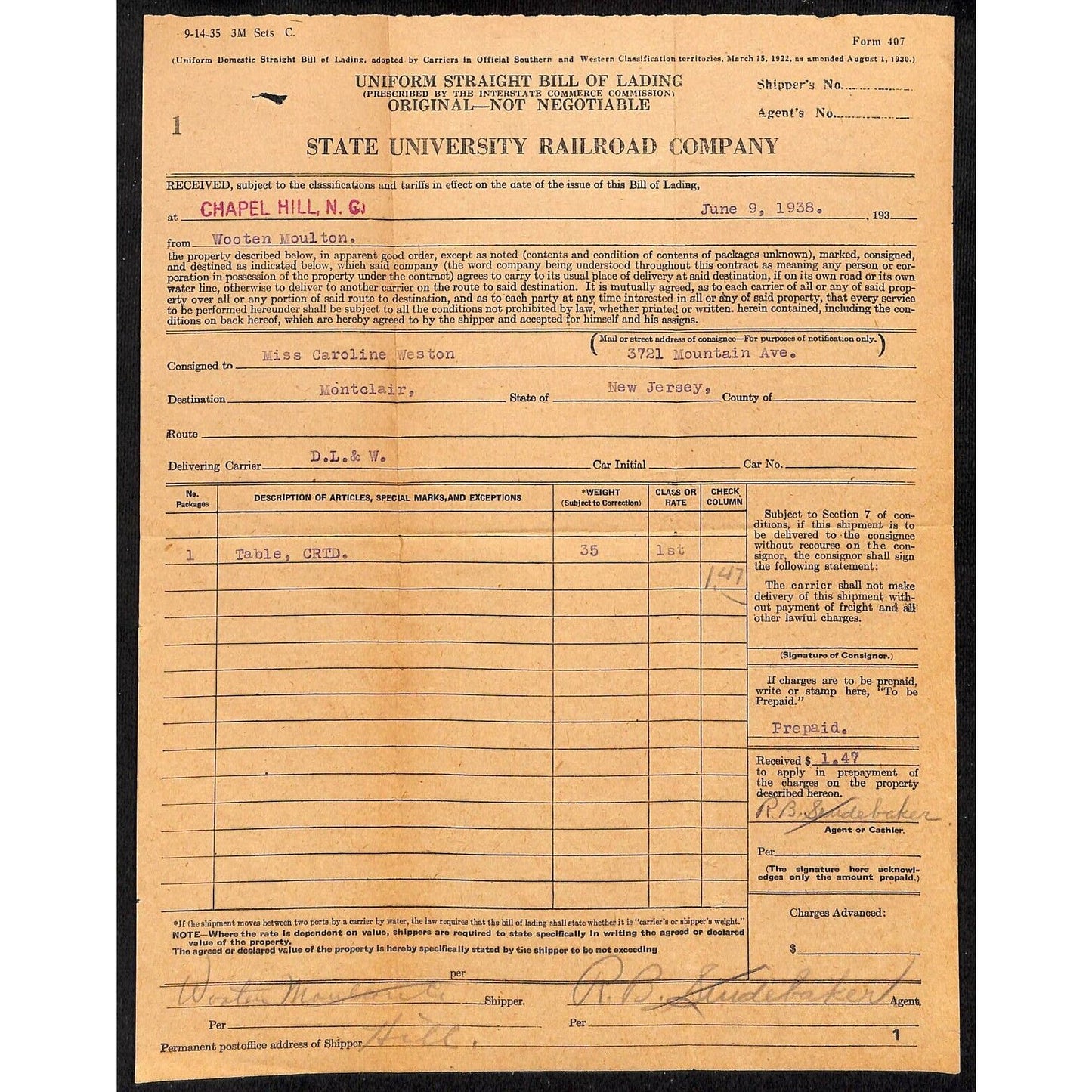 State University Railroad Co. 1938 Bill of Lading