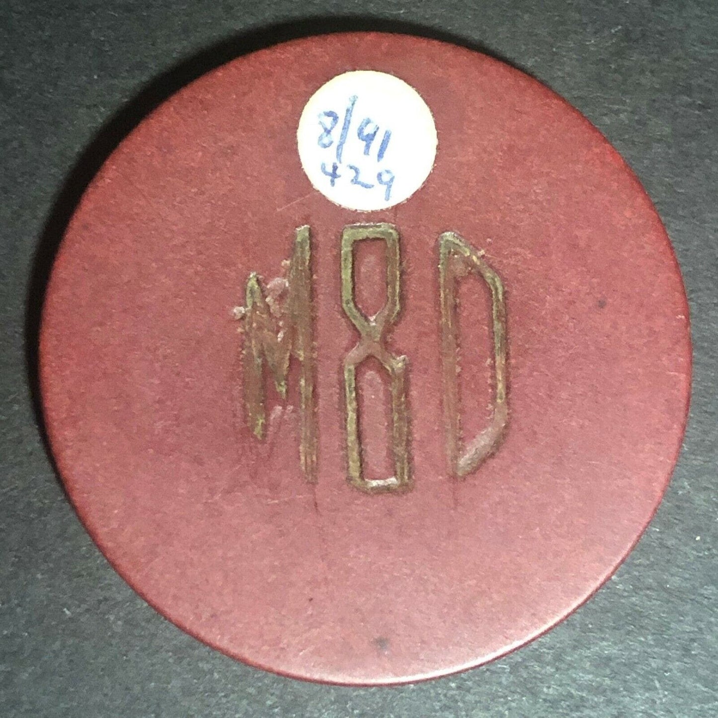 Vintage Red Clay Poker 25c Chip "MD" ? Monogram - Eisenstadt Collection