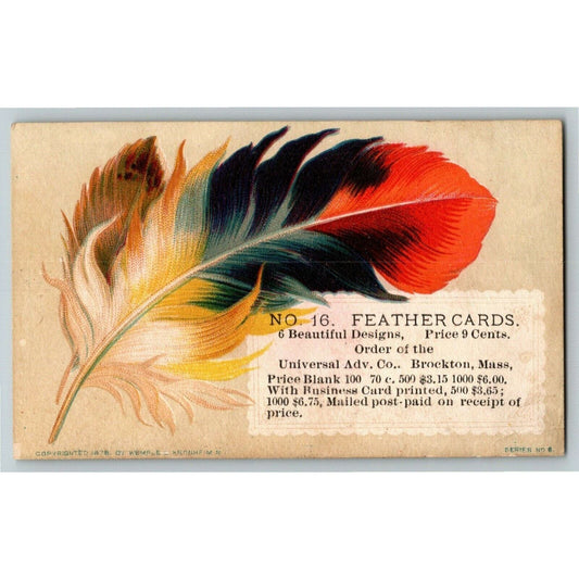 No. 16 Feather Cards Universal Adv. Co. Brockton, MASS - Victorian Trade Card