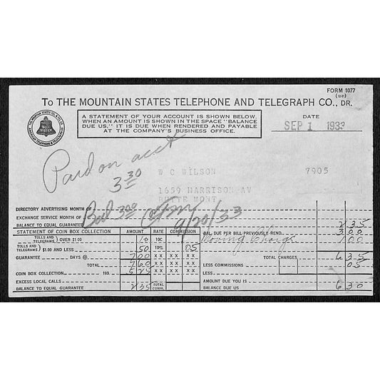 Mountain States Telephone Butte Montana 1933 Billhead Letterhead - Wilson Drug
