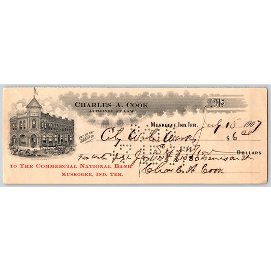 Muskogee, OK 1907 Indian Territory Charles A. Cook Attorney Bank Check Scarce