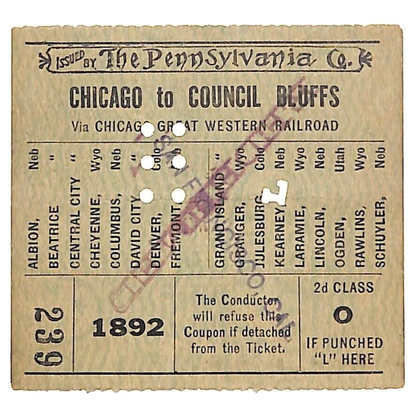 "The Pennsylvania Co" Chicago Great Western Railroad 1892 Ticket #239