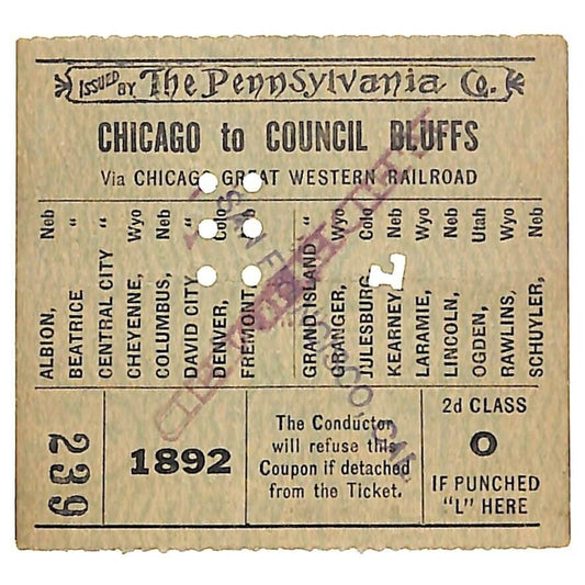 "The Pennsylvania Co" Chicago Great Western Railroad 1892 Ticket #239