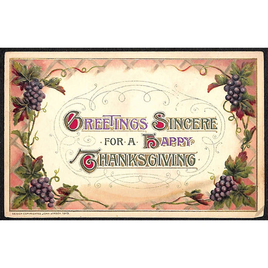 Happy Thanksgiving Sincere Greetings Postcard Grape Frame c1915 Embossed Winsch