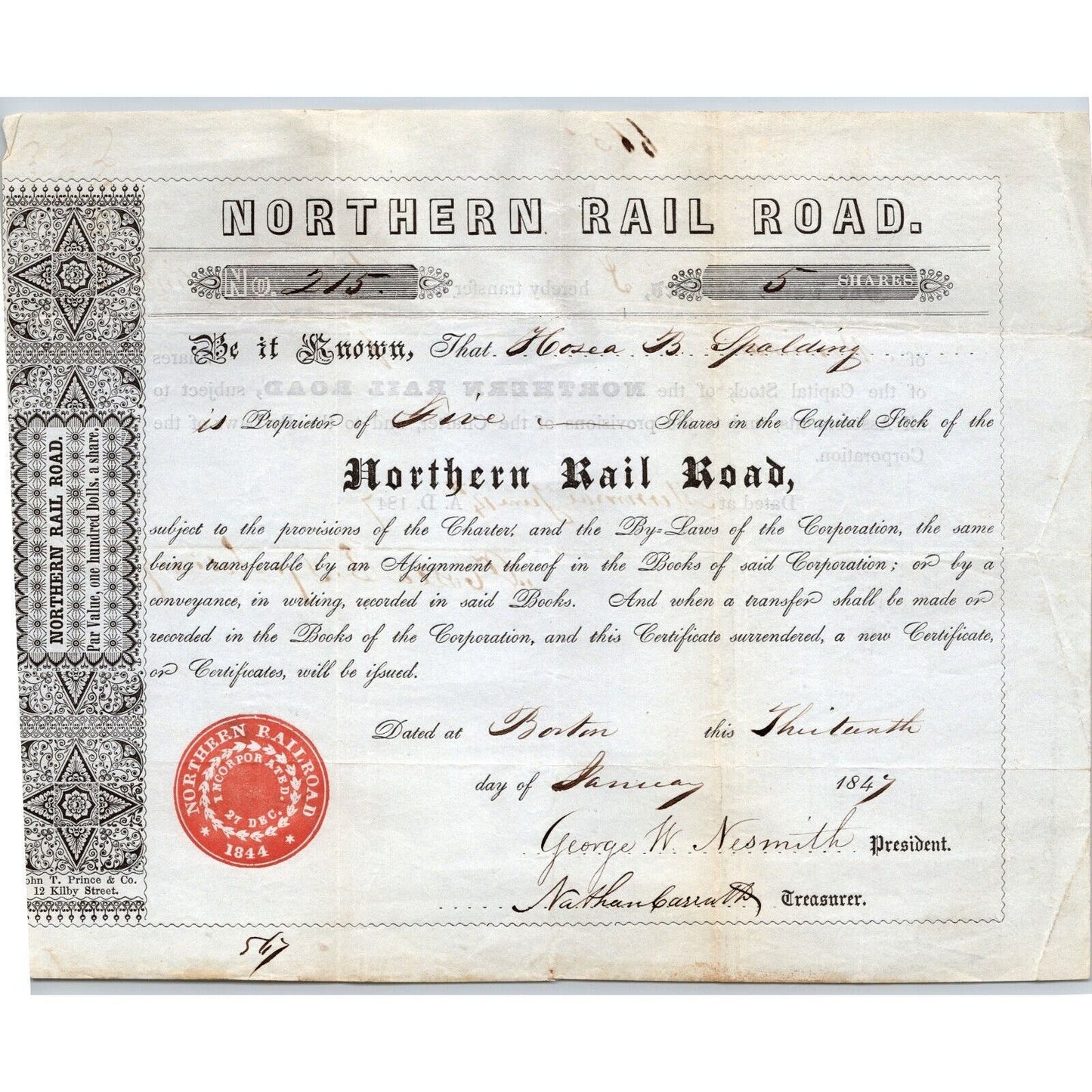 1847 Boston, MA Northern Railroad Stock Certificate LOW No. 215 for 5 Shares