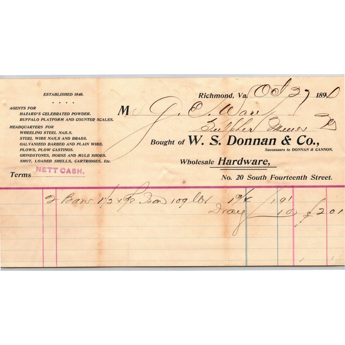 W.S. Donnan & Co. Hardware (Ammo) Letterhead Richmond, VA to: Geo. E. Wear c1891