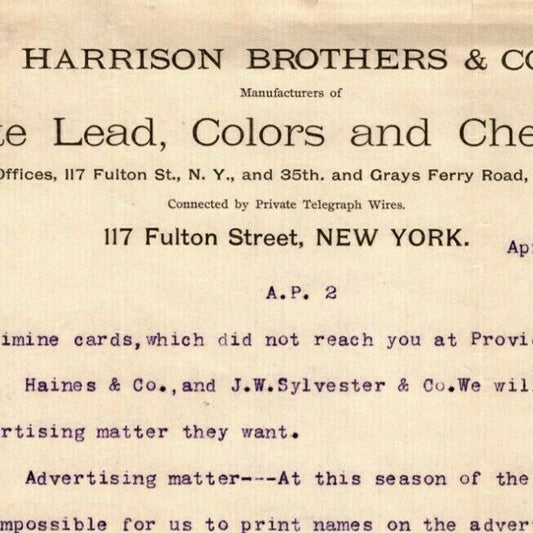 1886 Harrison Brothers & Co. White Lead Billhead Letterhead Fulton St NYC