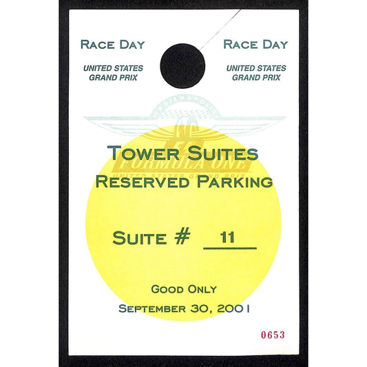 2001 Grand Prix IMS F1 Large Race Day Hanging Tower Suites Parking Pass #0653