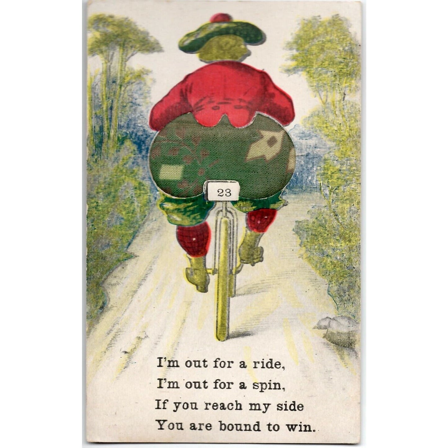 Vintage Novelty Postcard c1907-1913 Butt as a Pin Cushion - Riding Bicycle