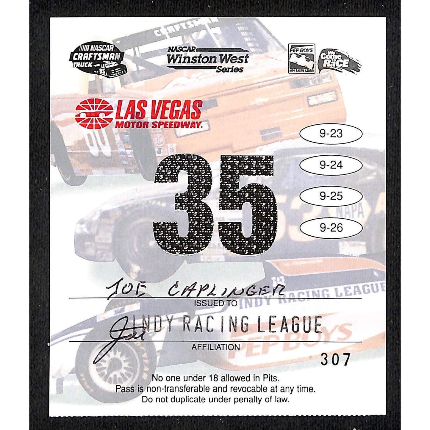 c1996 Las Vegas Motor Speedway Indy Racing League Pass / Credential - VGC