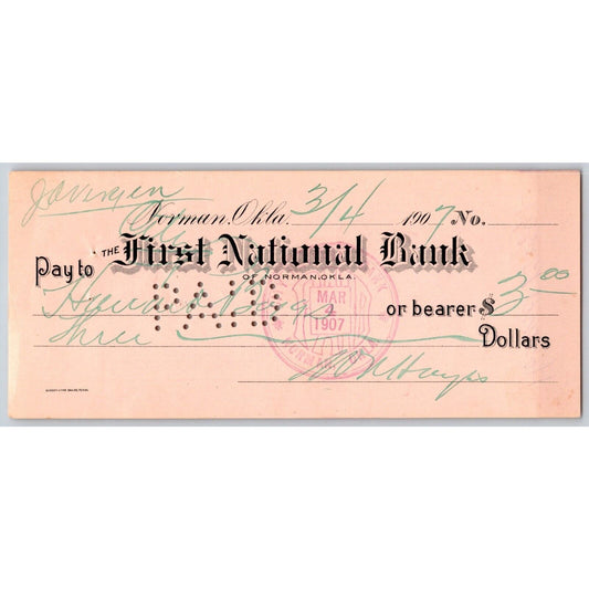 Norman, Oklahoma Territory 1907 $3 "First National Bank" Check Scarce