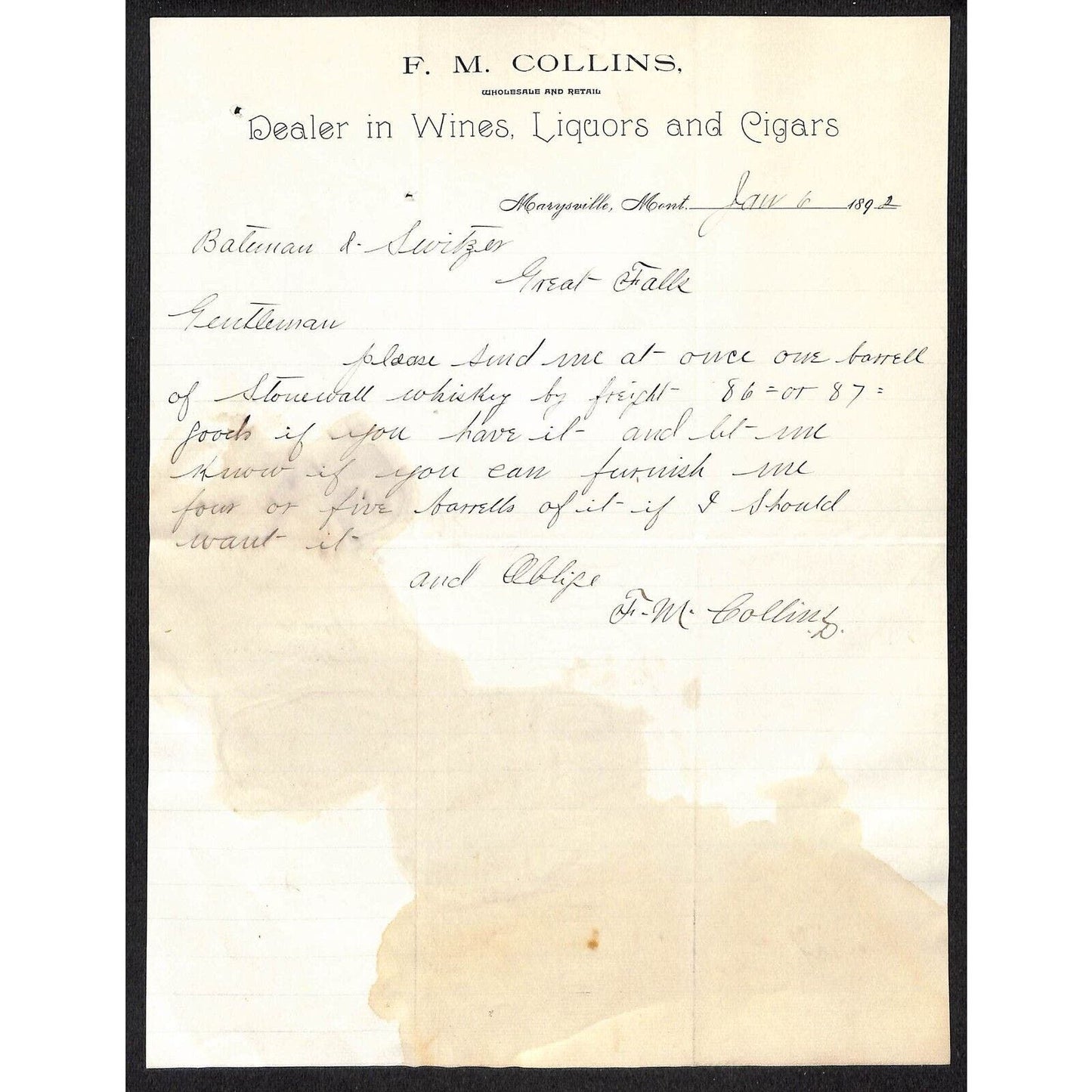 Marysville, MT F. M. Collins Wines Liquors Cigars 1892 Letterhead Switzer