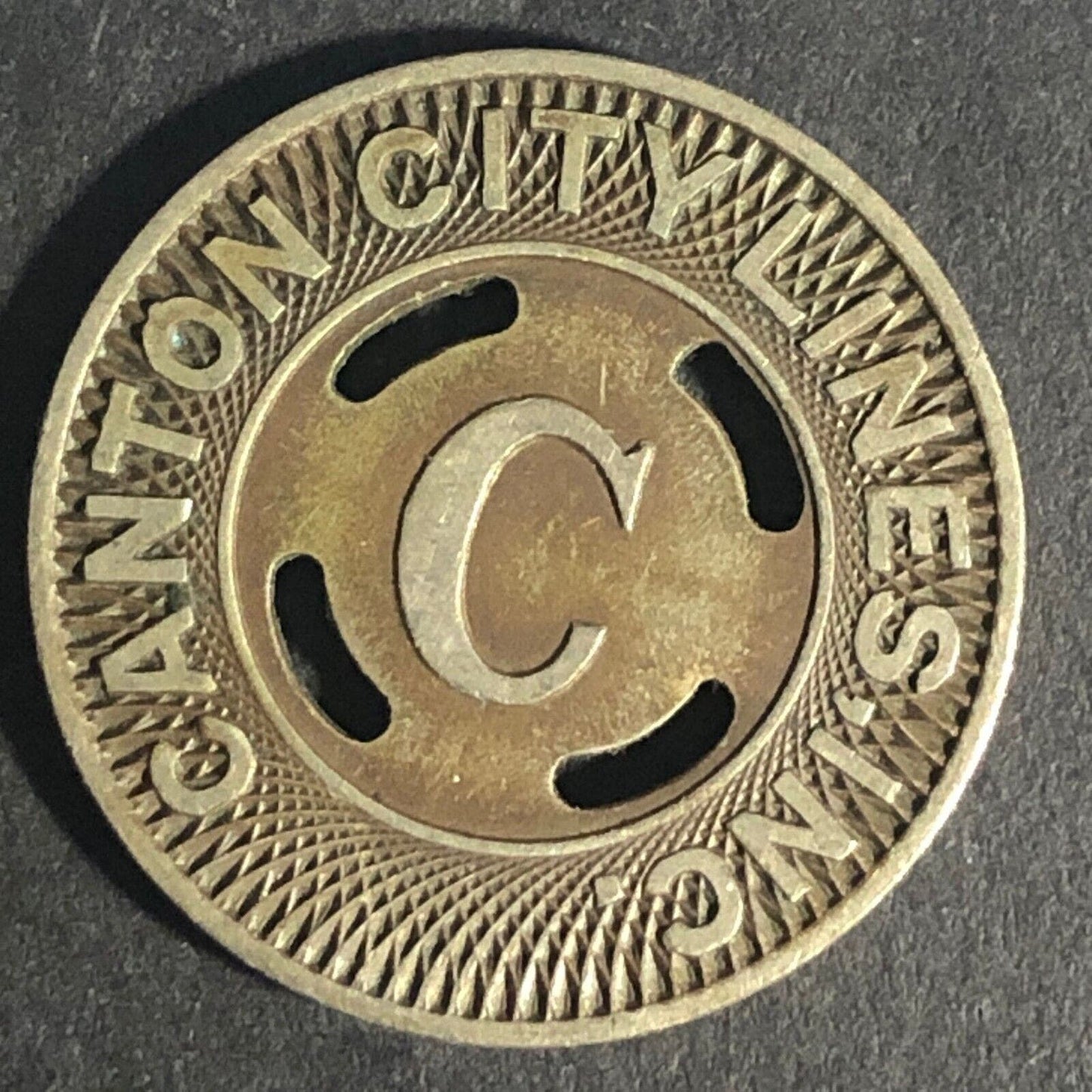 Canton City Lines Inc. "C" G/F One Fare Brass Transit Token - 22.77mm