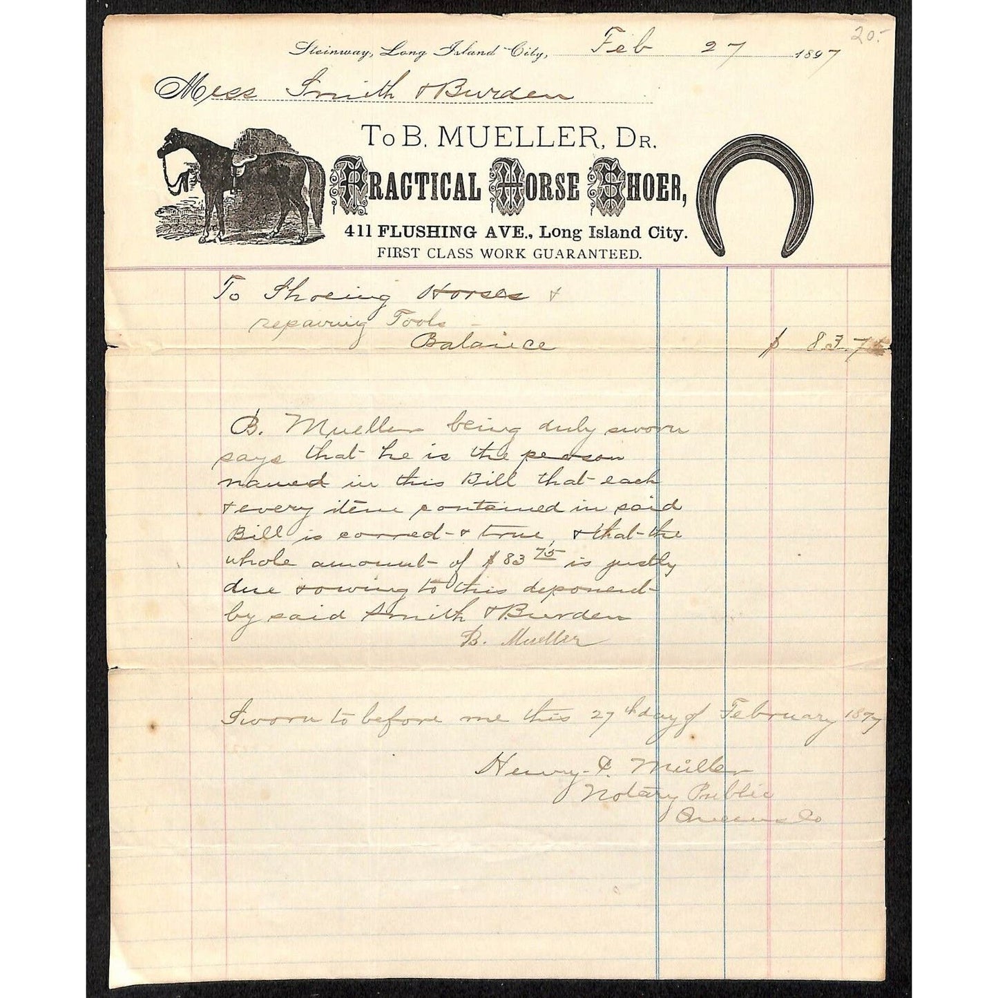 1897 Steinway, Long Island City, NY Letterhead B. Mueller Practical Horse Shoer