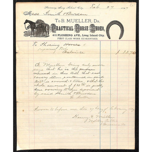 1897 Steinway, Long Island City, NY Letterhead B. Mueller Practical Horse Shoer
