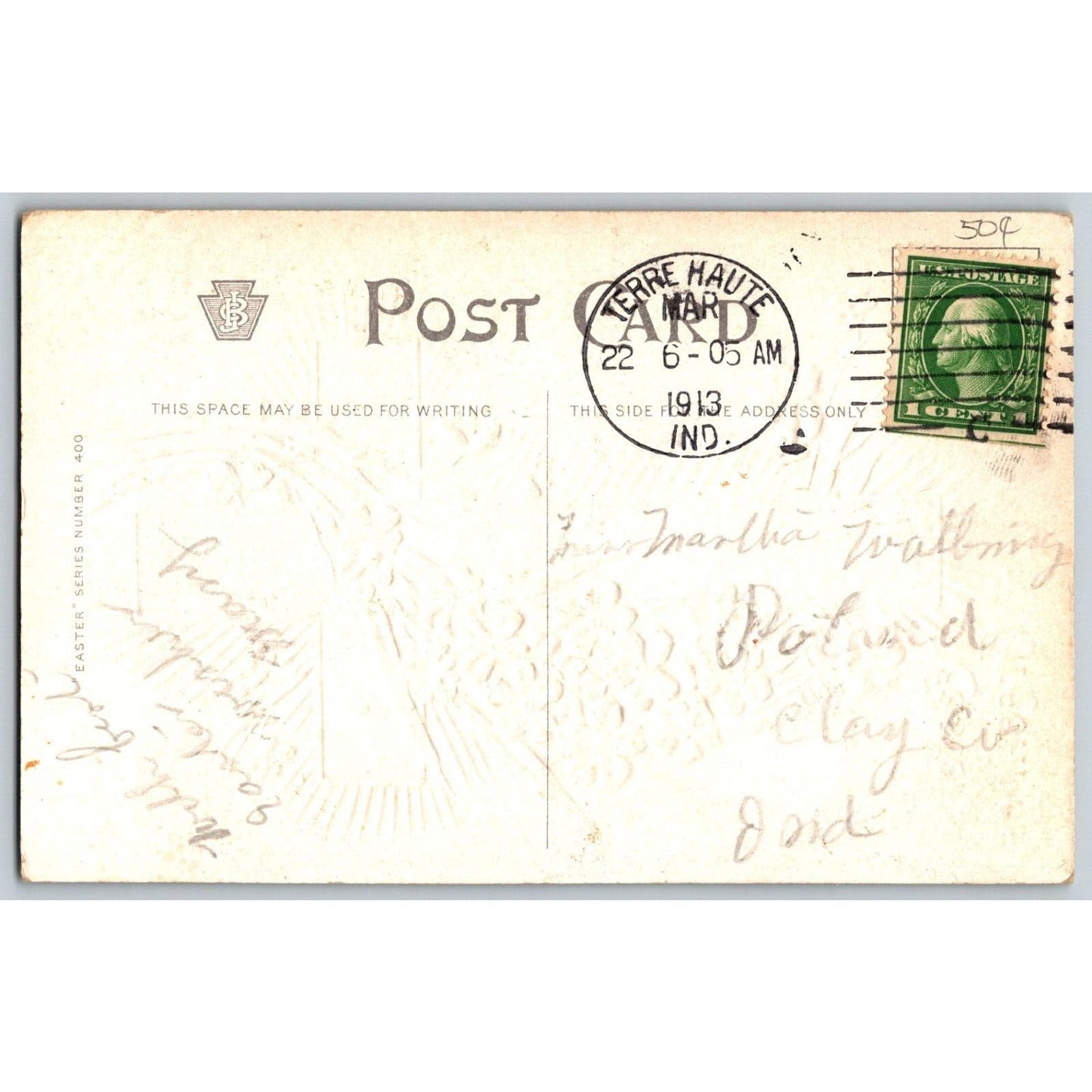 Easter Postcard "Easter Greetings" Gold Cross Radiant Line Floral Emb. PM 1913