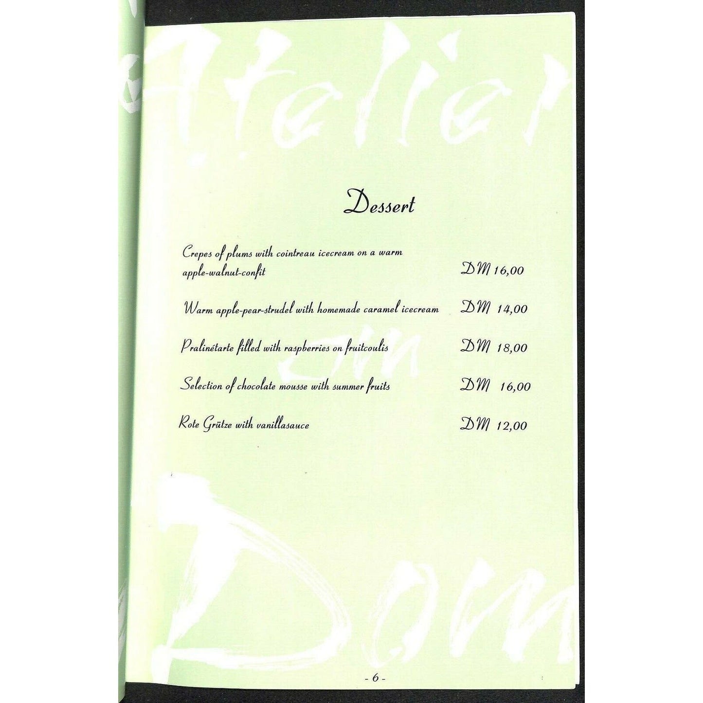 Dom-Hotel Koln-Cologne Restaurant Menu c1996 "Atelier on Dom"