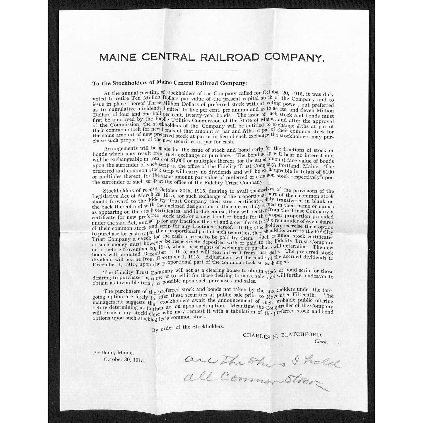 Newburgh, ME Amos W. Knowlton* 1915 Maine Central Railroad Shareholder Notice++