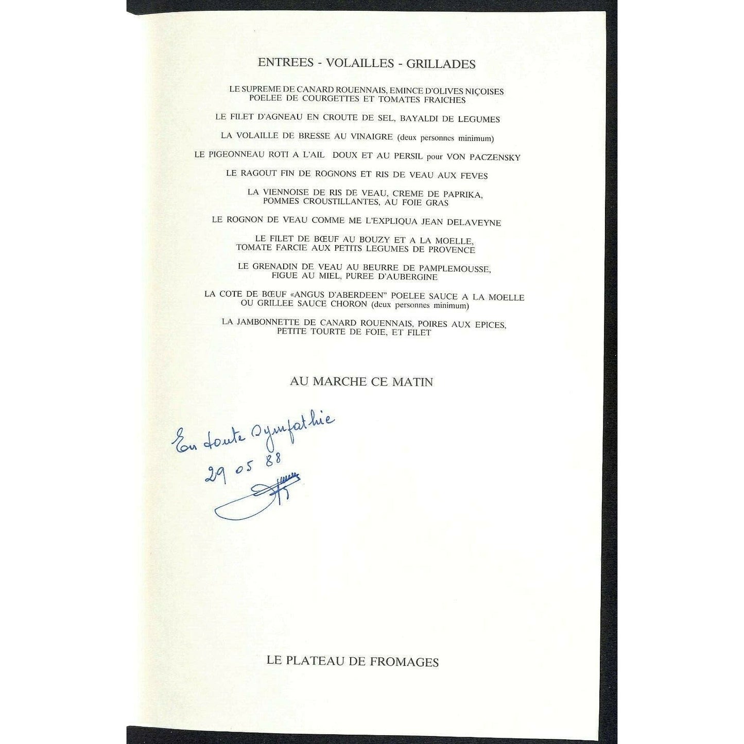 G.G. Boyer Reims French Language Restaurant Menu 1988 Signed by ??