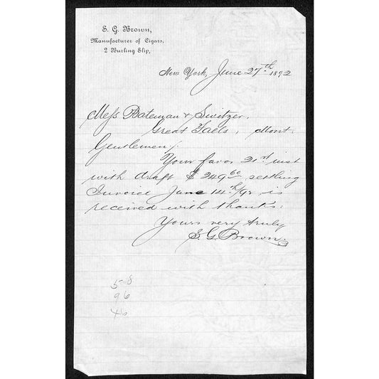 New York S.G. Brown Signed Cigar Manufacturer 1892 Billhead Bateman + Switzer