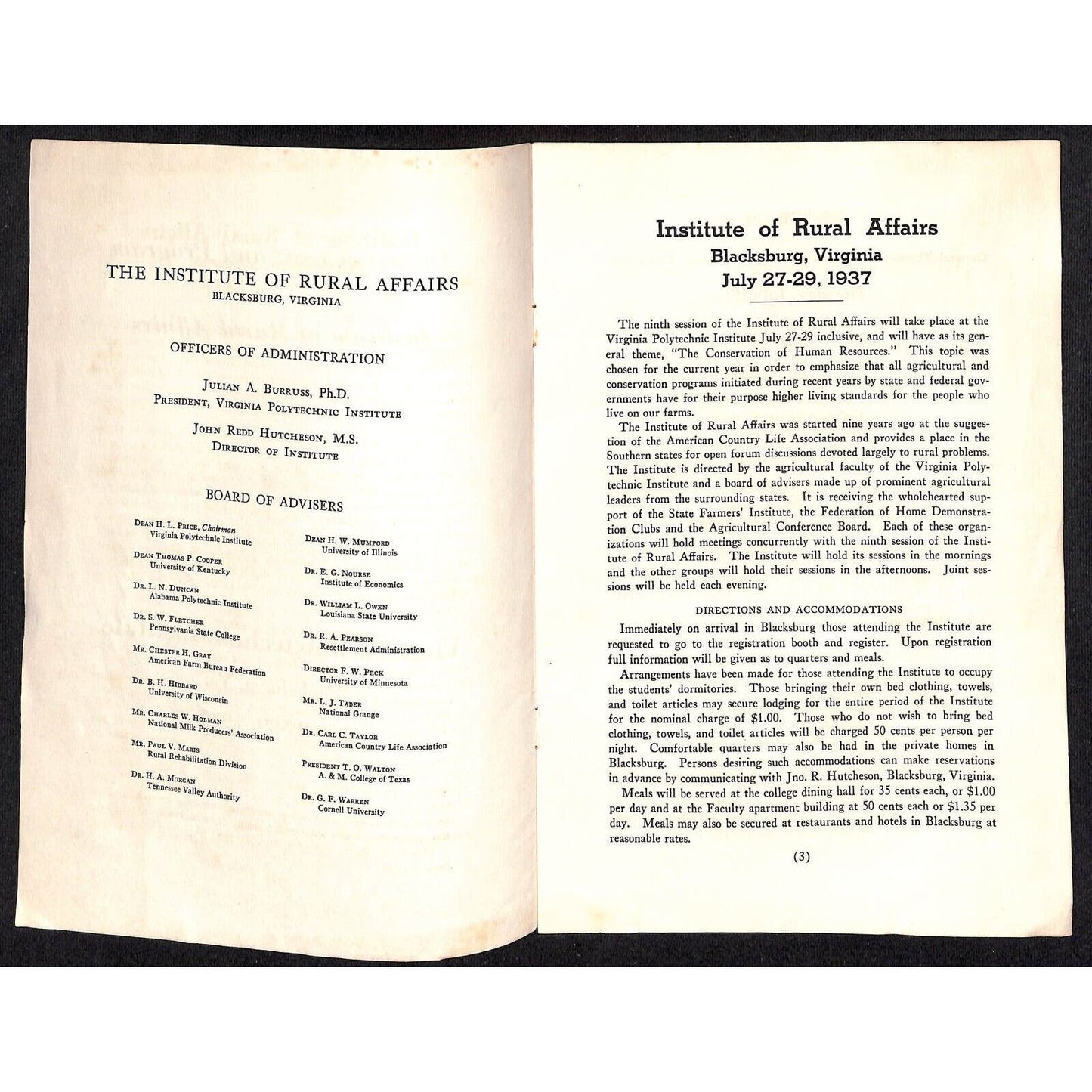 Blacksburg, VA 1937 Institute of Rural Affairs Announcement Program 8pp