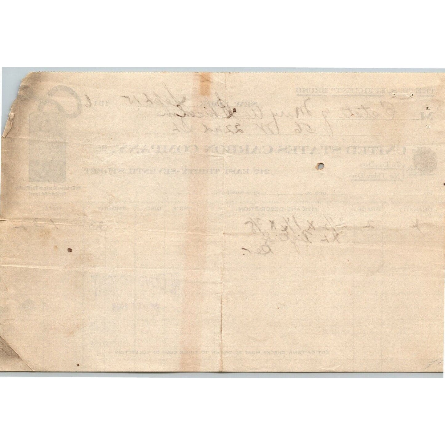 1916 "United States Carbon Co." Motor Brushes Billhead Letterhead 37th St., NYC