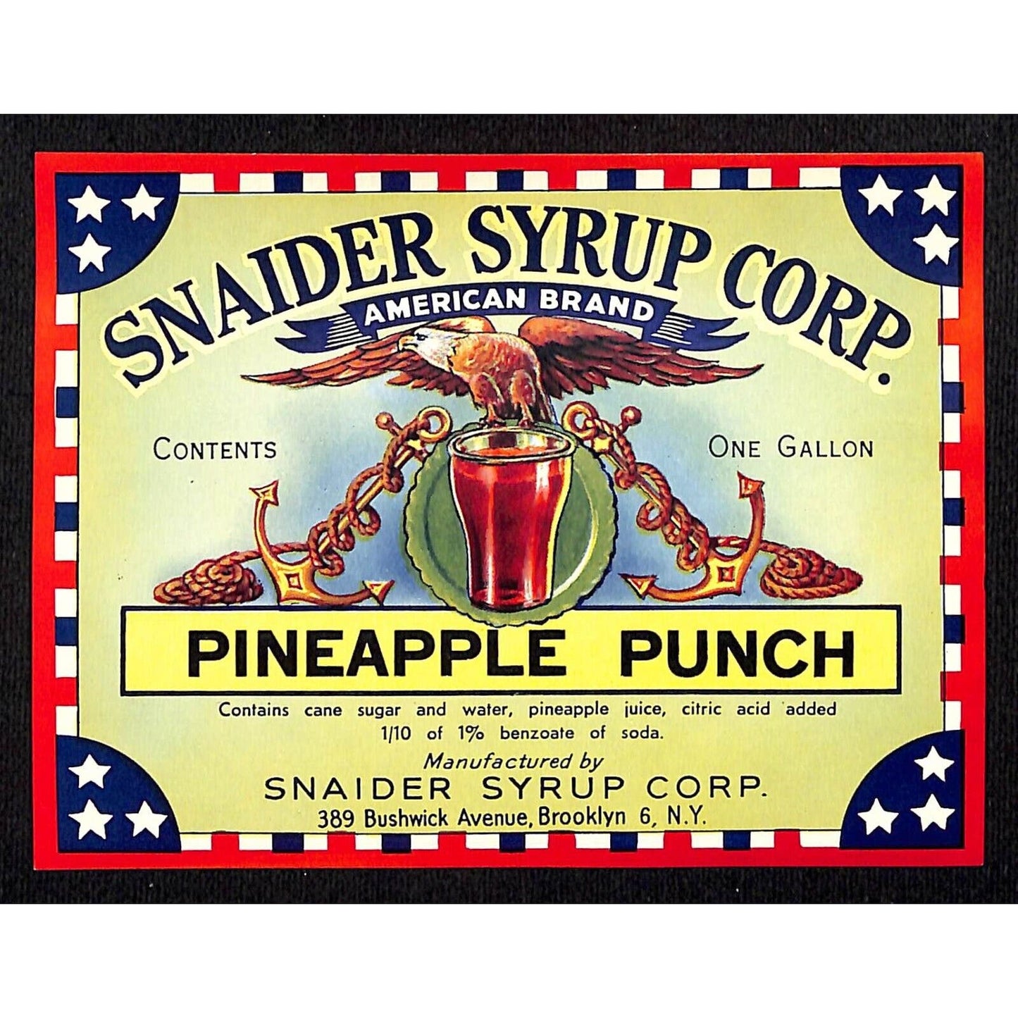 Pineapple Punch Snaider Syrup Corp. Brooklyn Paper Soda Label c1940's Patriotic